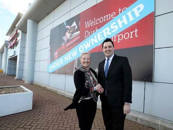 Tees Valley Mayor Ben Houchen with Kate Willard, Stobart Group director, at Durham Tees Valley Airport.