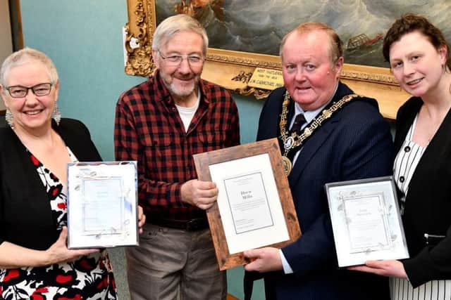 The Mayor of Hartlepool Councillor Allan Barclay presented awards to Drew Mills, Karen Milner and Lisa Barwick . Picture by FRANK REID
