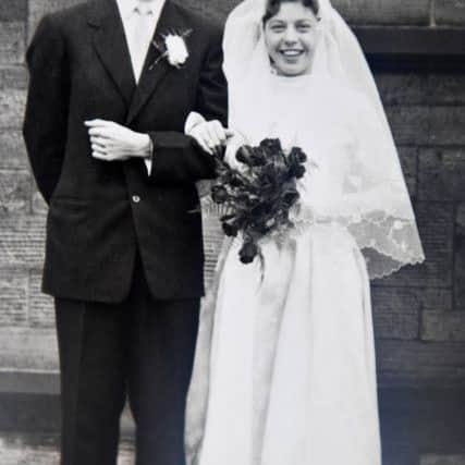 Roger and Hilda on their wedding day outside All Saints Church Stranton in 1959.