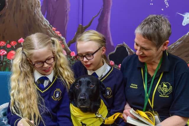 Val Yuill of Therapy Dogs Nationwide and her dog Annie at Hart Primary School, reading with twins Isabella and Rebecca Weston.