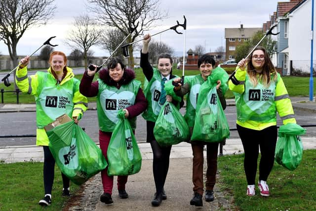 Staff and volunteers (left to right) Millie Stevenson, Beverly Brown, Emma white (manor community college) Tracey Faulkner and Danielle Williams from the Burn Road McDonalds litter picking in the Burbank area as they take part in the Hartlepool McDonalds litter pic event.