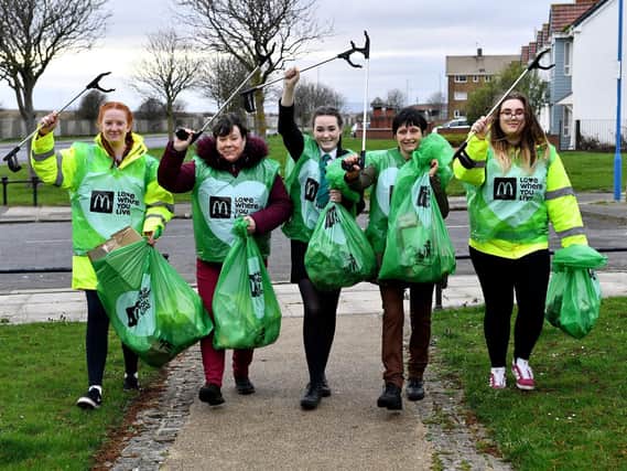 Staff and volunteers (left to right) Millie Stevenson, Beverly Brown, Emma white (manor community college) Tracey Faulkner and Danielle Williams from the Burn Road McDonalds litter picking in the Burbank area as they take part in the Hartlepool McDonalds litter pic event.