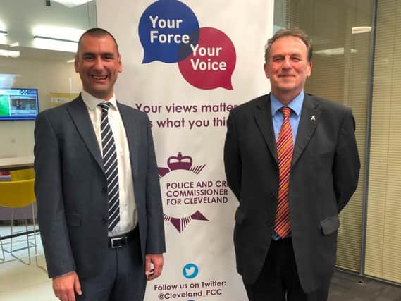 Richard Lewis, who has been selected as the preferred candidate for the role of Chief Constable of Cleveland Police, with Police and Crime Commissioner Barry Coppinger.