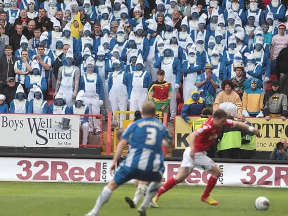 Hartlepool United fans dressed as Smurfs. Getty Images.
