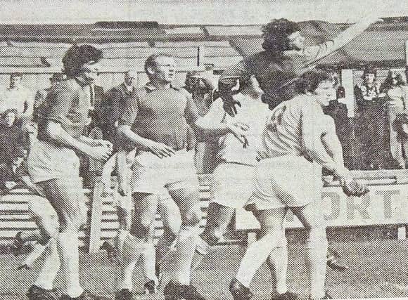 A real scramble in the Barnsley goalmouth during Pools' 4-3 win in April, 1975.
