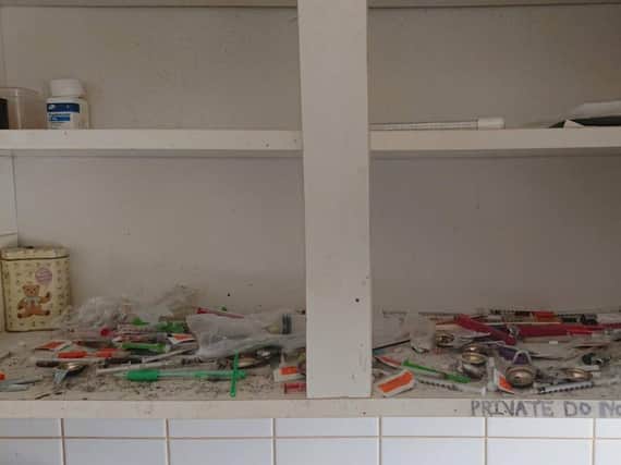 Drug paraphernalia litters a cupboard at the address. Picture Hartlepool Neighbourhood Police Team.