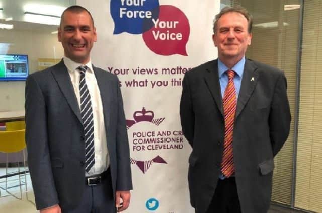 Richard Lewis, who has been selected as the preferred candidate for the role of Chief Constable of Cleveland Police, with Police and Crime Commissioner Barry Coppinger.