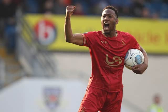 Hartlepool United's Nicke Kabamba celebrates after scoring their second goal during the Vanarama National League match between Eastleigh and Hartlepool United at the Silverlake Stadium, Eastleigh on Saturday 30th March 2019. (Credit: Mark Fletcher | Shutter Press) ©Shutter Press Tel: +44 7752 571576 e-mail: mark@shutterpress.co.uk Address: 1 Victoria Grove, Stockton on Tees, TS19 7EL