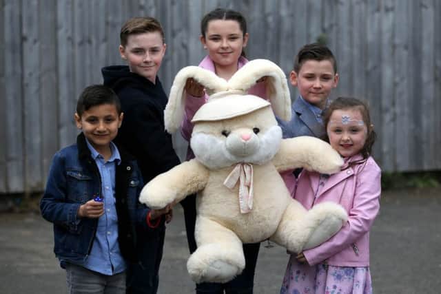 With the first prize of a Bunny in the Easter Egg Hunt are Wilson Crackett-Baker (7), Charlie Dunn (12), Brooke Paylor (12), Kayden Crackett-Baker (10) and Maddison Paylor (6). Picture by CHRIS BOOTH