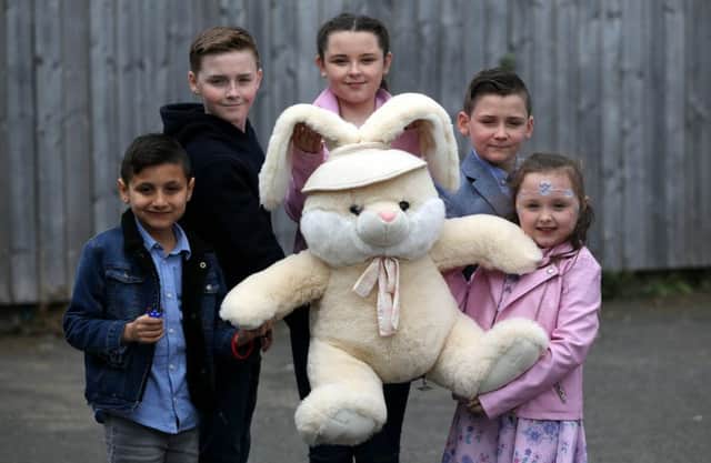 With the first prize of a Bunny in the Easter Egg Hunt are Wilson Crackett-Baker (7), Charlie Dunn (12), Brooke Paylor (12), Kayden Crackett-Baker (10) and Maddison Paylor (6). Picture by CHRIS BOOTH