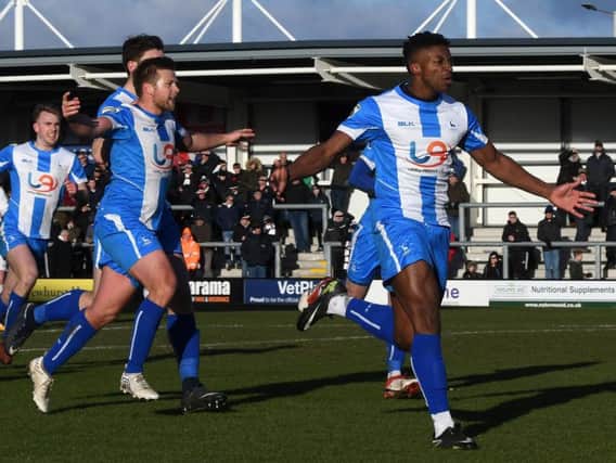 Devante Rodney nets at a late strike at AFC Fylde in 2017/18. He left Pools for Salford City but now finds himself on loan at Halifax Town.