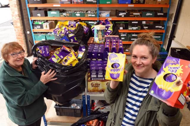 Hartlepool Foodbank receive hundreds of Easter eggs. From left trustee Pauline Screeton and co-ordinator Abi Knowles