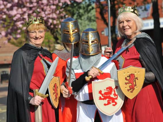 Pools fans Angie Marchant, Christine Edwards, Karen Grimwood and Anne Bates dressed as Knights for the final away game of the season against Barrow.
