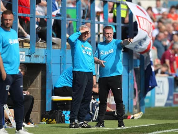 Hartlepool United manager Craig Hignett with assistant Ged McNamee.