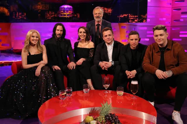 Host Graham Norton with (seated left to right) Kylie Minogue, Keanu Reeves, Suranne Jones, Taron Egerton, Jamie Bell and Michael Rice during the filming for the Graham Norton Show at BBC Studioworks 6 Television Centre, Wood Lane, London, to be aired on BBC One on Friday evening.Picture: PA Images on behalf of So TV.