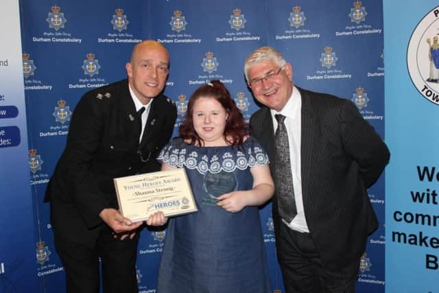 Shauna Strong with Chief Inspector Lee Blakelock and Police and Crime Commissioner Ron Hogg at the 2018 event.