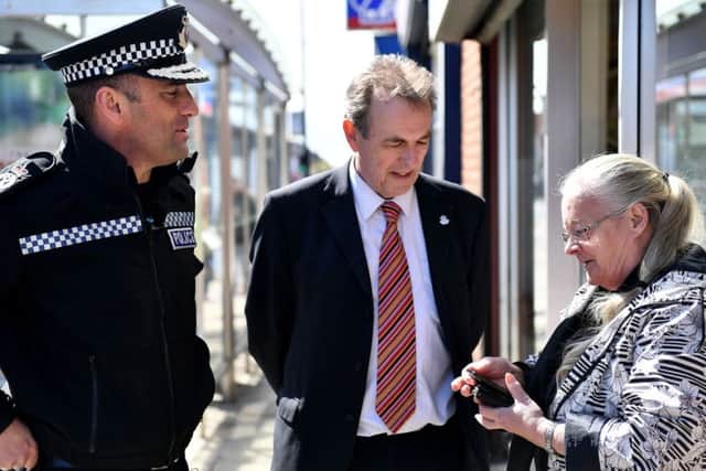 Richard Lewis Chief Constable Cleveland Police Force and Police Commissioner Barry Coppinger walking around the town centre area of Hartlepool. Picture by FRANK REID