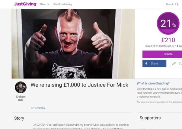 The JustGiving page set up to raise money in memory of murdered former Hartlepool man Mick Dale.