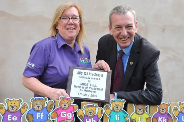 Hartlepool MP Mike Hill opens ABC123 Pre-School, Oxford Road, with owner Kerry Dowdall.