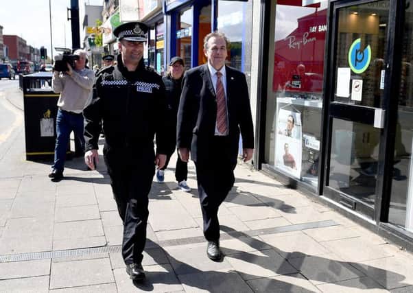 Richard Lewis Chief Constable Cleveland Police Force and Police Commissioner Barry Coppinger walking around the town centre area of Hartlepool. Picture by FRANK REID