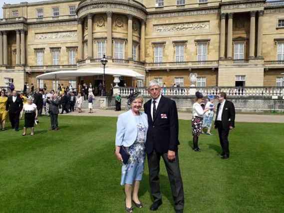 Hartlepool RNLI Chairman Malcolm Cook and wife Marjorie pictured in the grounds of Buckingham Palace. Picture by RNLI/Malcolm Cook