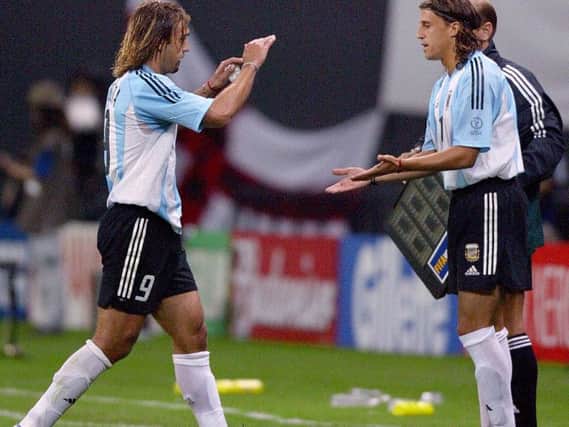Gabriel Batistuta (left) playing for Argentina, with Hernan Crespo (right) - Getty.