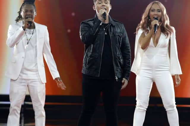 Michael performing Bigger Than Us at Eurovision. AP Photo/Sebastian Scheiner