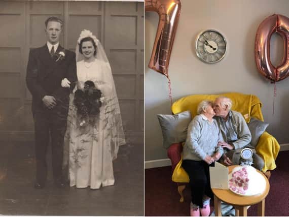 Rita and Noel on their wedding day, left, and celebrating their platinum wedding anniversary.