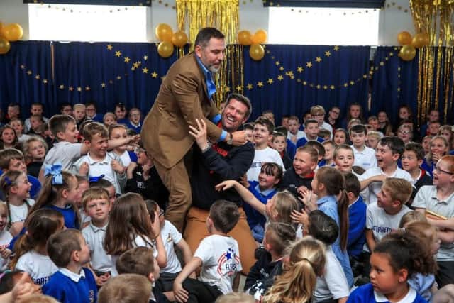 David Walliams visited Mr McPartlin and the pupils of Flakefleet Primary School after putting them through to the semi finals of Britain's Got Talent.