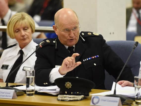 Durham Constabulary's chief constable Mike Barton speaking at a public meeting of the Policing Board in Belfast about the controversial arrest of investigative journalists Barry McCaffrey and Trevor Birney. Pic: Michael Cooper/PA Wire.