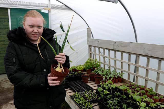 Catcote Futures Student Ebony holding one of the plants that was grown in one of the vandalised Pollytunnels. Picture by FRANK REID