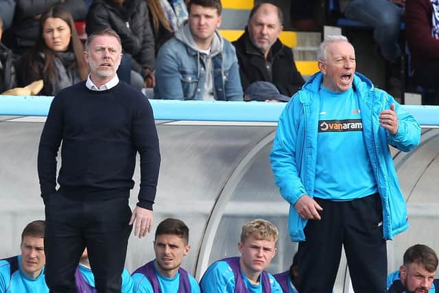 Hartlepool Manager Craig Hignett and Ged McNamee the 1st team coach during the Vanarama National League match between Hartlepool United and Wrexham at Victoria Park (photo: Mark Fletcher).