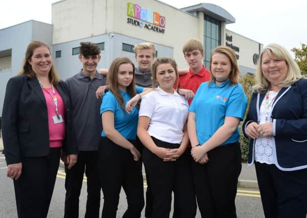 Principal, Sally Hudson and Assistant Principal, Karyn Vose with some of the first intake of students, Ryan Blair, Emma Lee, Charlie Bruce, Sammy Harboard, Jamie Richardson and Codie Broughton at the Apollo Studio Academy at East Durham College.