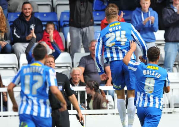Charlie Wyke celebrates scoring the opening goal in Pools 2-0 win over Shrewsbury Town. Picture by FRANK REID