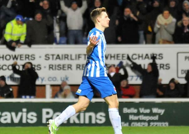 Joe Ironside celebrates after scoring his first goal for Pools against Oxford United. Picture by FRANK REID
