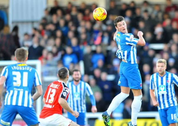 Bradley Walker in action for Hartlepool United against Morcambe. PICTURE BY FRANK REID