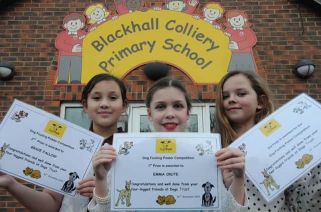 (l to r) Blackhall Primary School pupils Grace Fallow, 10, Emma Crute, 9 and Robyn Dowling, 10 with the certificates they were given for a poster design competition.