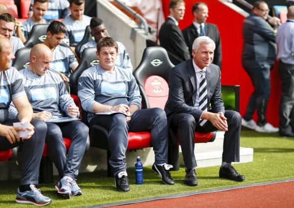 John Carver and  Alan Pardew before the Barclays Premier League match at St Mary's, Southampton