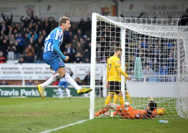 Ryan Bird celebrates his goal for Hartlepool during their 1-0 victory against AFC Wimbledon.  Picture by FRANK REID