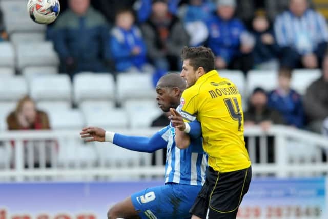 Marlon Harewood is pulled back in the Burton penalty area for Hartlepool United against Burton Albion. Picture by FRANK REID