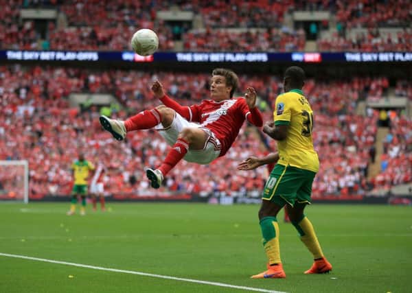Middlesbrough's Jelle Vossen attempts an overhead kick  at Wembley