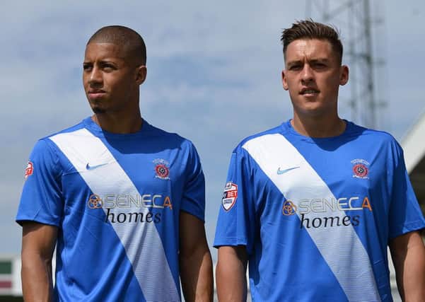 Model pros Jake Carroll and Scott Fenwick in the 2015-16 Hartlepool United home strip. Picture by FRANK REID