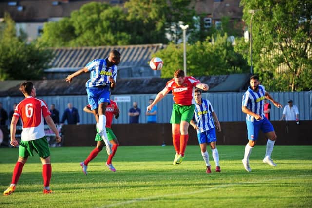 Ebby Nelson-Addy in action for Hartlepool United during their 2-0 victory at Harrogate Railway.