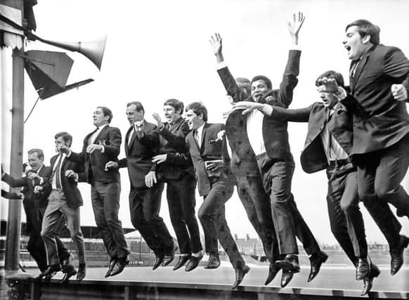 Pools players jumping for joy after winning the club's first ever promotion in 1968.