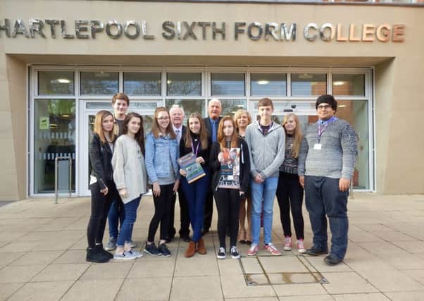 Hartlepool Sixth Form College students are pictured outside their Blakelock Road building. Also pictured back row (centre) is Councillor Kevin Cranney, flanked by Brian Liddell and Denise Chapman.