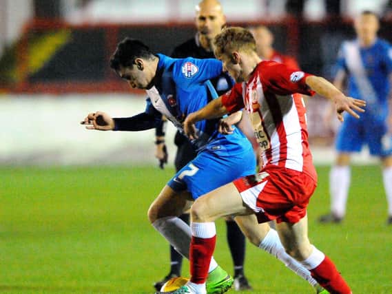 Hartlepool United new signing Nathan Thomas in action against Accrington Stanley