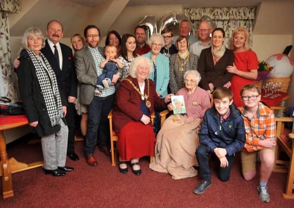 Birthday girl Mary Gray with Hartlepool Mayor, Coun Mary Fleet, and Hartlepool Mayoress, Coun Sheila Griffin, and family and friends.