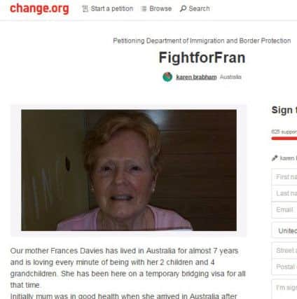 The online petition launched to help save Fran Davies from deportation.