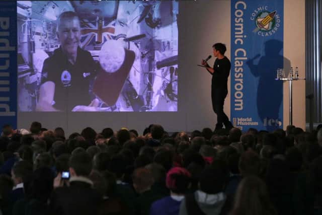 British astronaut Tim Peake joins children at Liverpool's World Museum from the International Space Station as they take part in the Cosmic Classroom event.