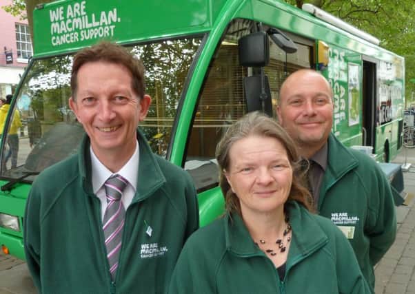 From left Michael Lockey (Information Specialist), Debbie Smith (Information Specialist), Geoff Greig (Facilities Officer), with the Macmillan Mobile Information Bus.